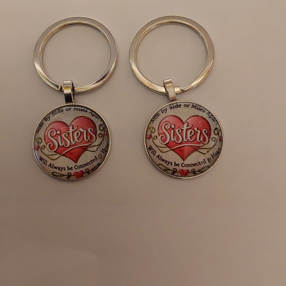 Set Of Sisters Heart Keychain Set - Pink & Silver